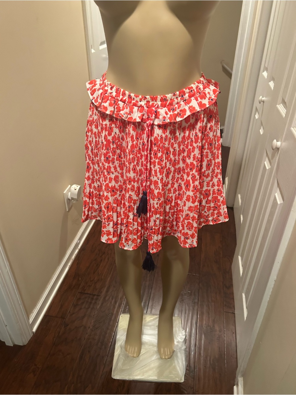 Floral Red Pleated Ruffle Mini Skirt - Womens